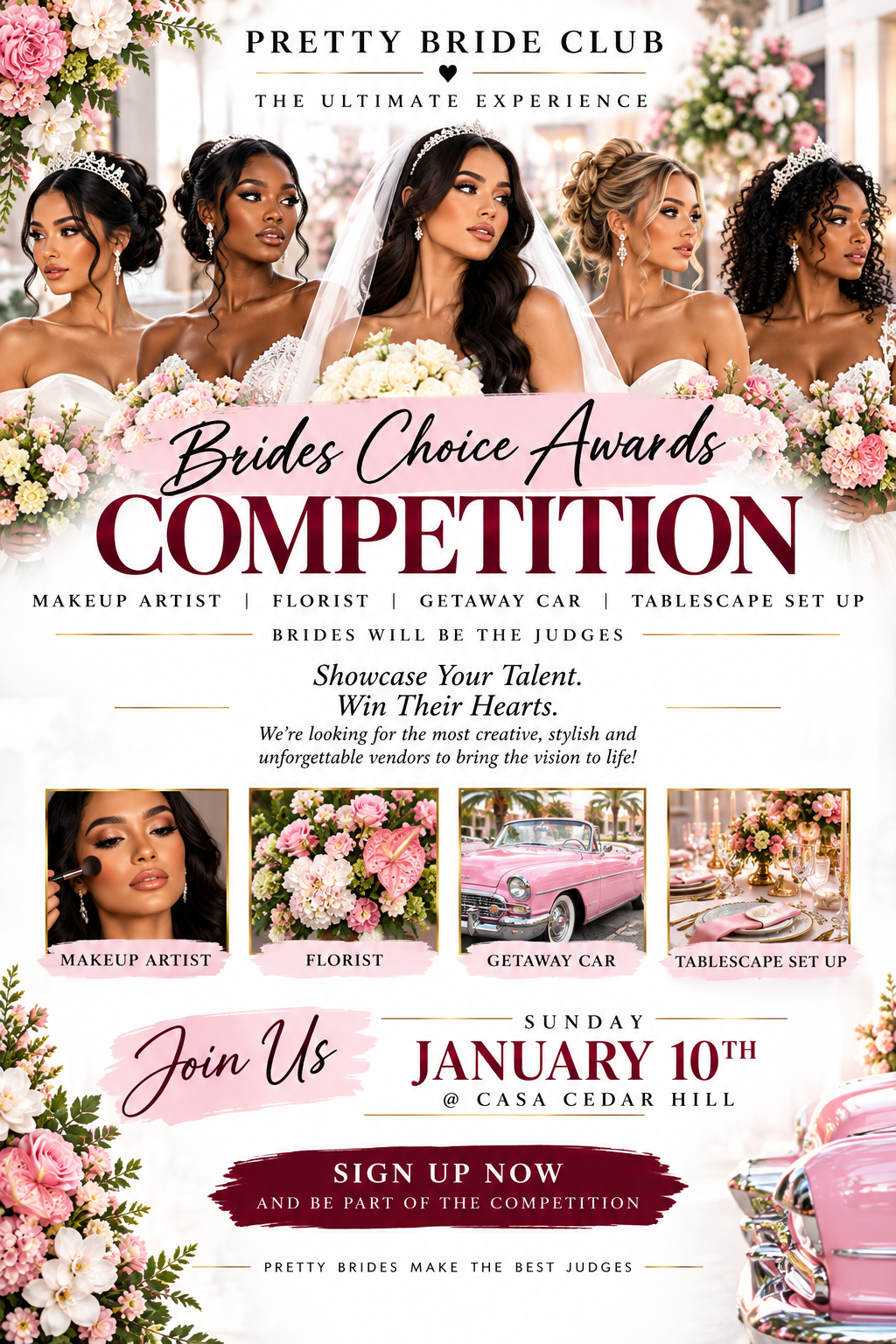 Brides Choice Awards Competition flyer for The Ultimate Experience, Sunday January 10 at Casa Cedar Hill, featuring makeup artist, florist, getaway car, and tablescape categories